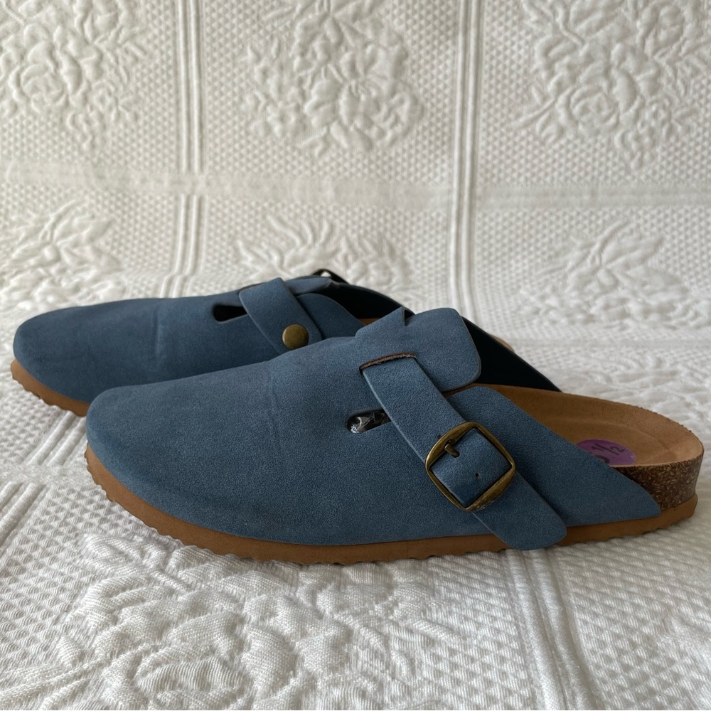 Soda Blue Suede Buckle Clog Mules